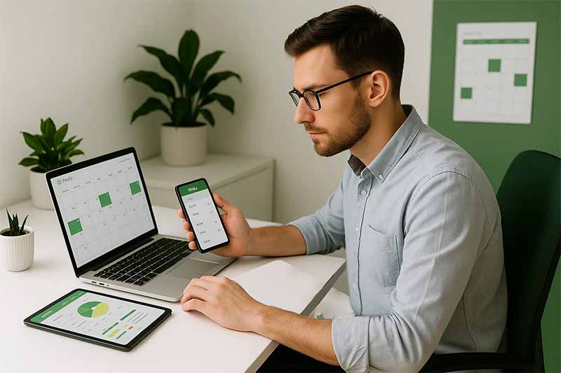 Profesional optimizando su gestión de tareas con herramientas digitales en mOveUp Learning Hub.