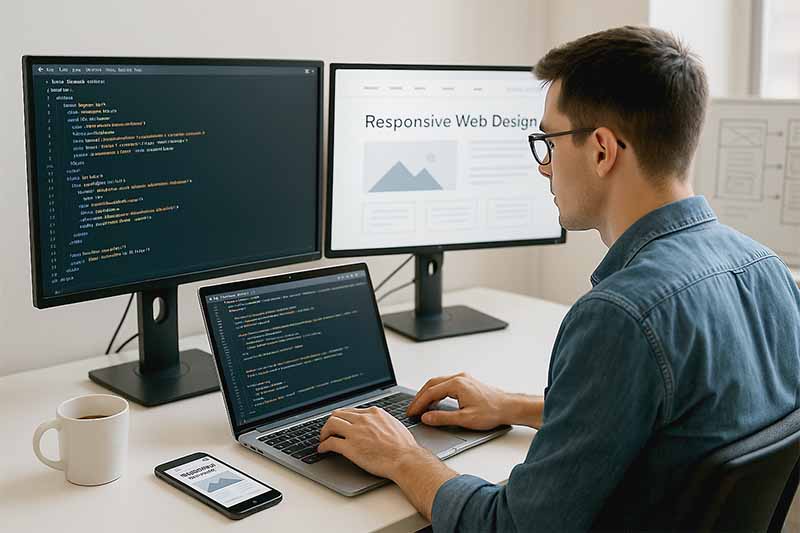 Desarrollador web programando sitios responsive en mOveUp Learning Hub.