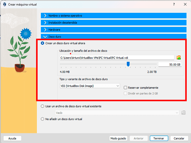 Configurando un disco duro nuevo de 50Gb dinámico