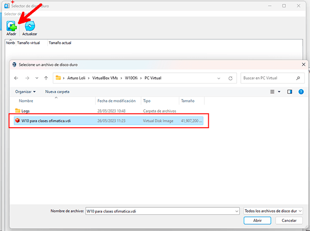 Click en añadir y luego buscamos el archivo del disco duro virtual, un archivo de varios gigas con extensión .vdi