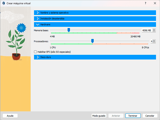 Asignando 4Gb de RAM y uso del 40% del procesador